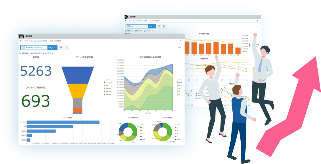 krewDashboardの管理画面インターフェースとデータ可視化のイメージイラスト
