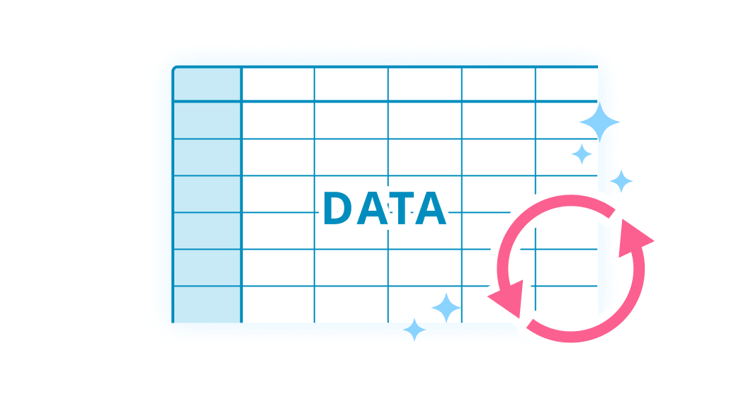 データテーブルから青い星型のアイコンが生成される様子を示した図で、データ作成が自動化されることを表現している