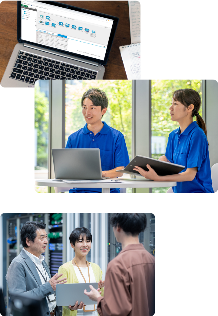 様々なビジネス環境でのデジタルツール活用シーンを示す3枚の写真