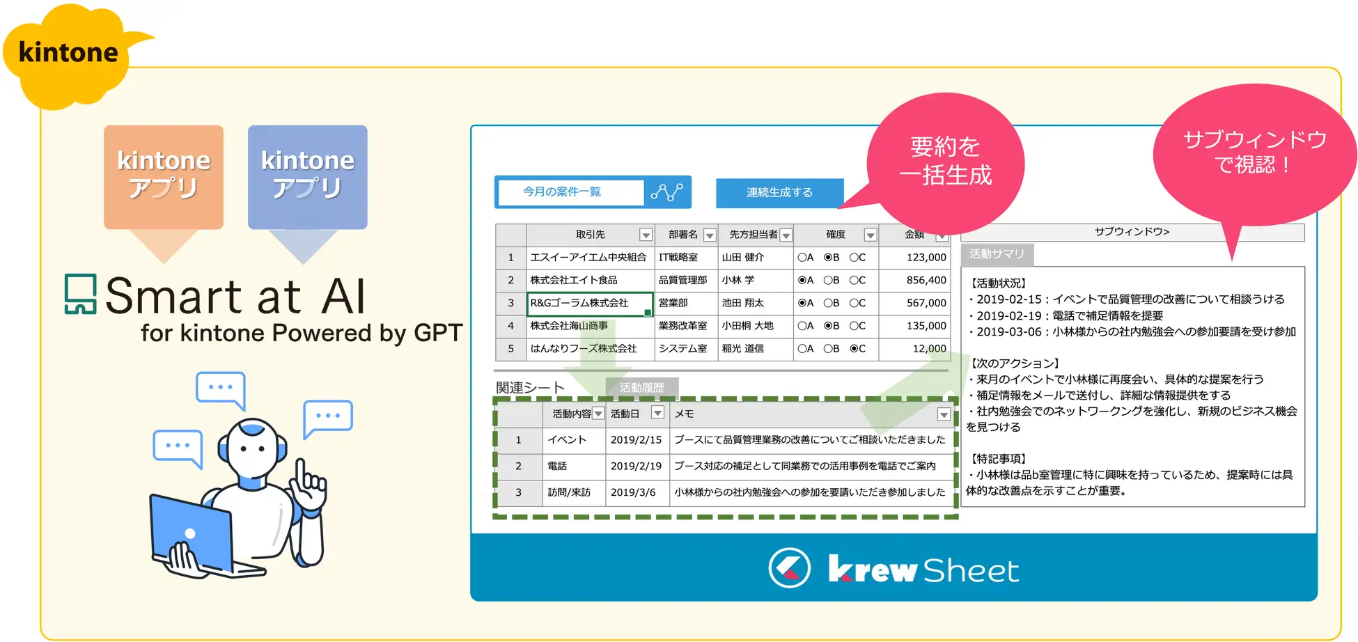 「Smart at AI for kintone Powered by GPT」に、メシウスのkintoneプラグイン「krewSheet」が対応