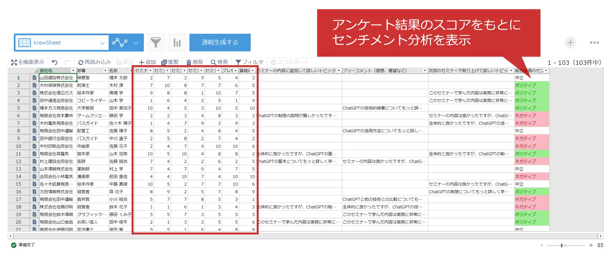 顧客満足度のアンケート結果をSmart AT AIで分析し、krewSheet上でセンチメントを可視化したスクリーンショット