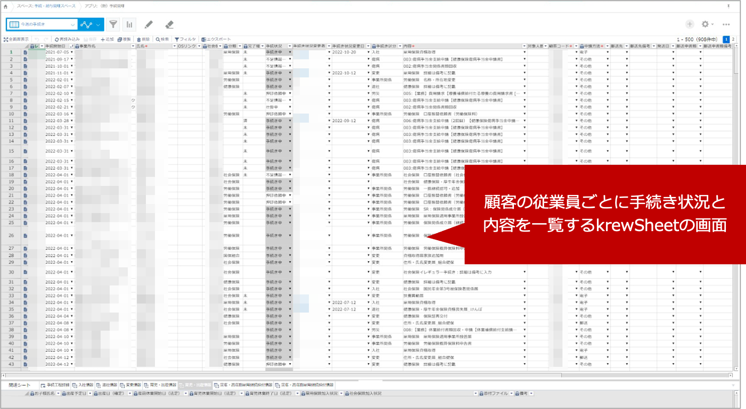 krewSheetのExcelライクなタスク一覧により、状況を視認しやすい