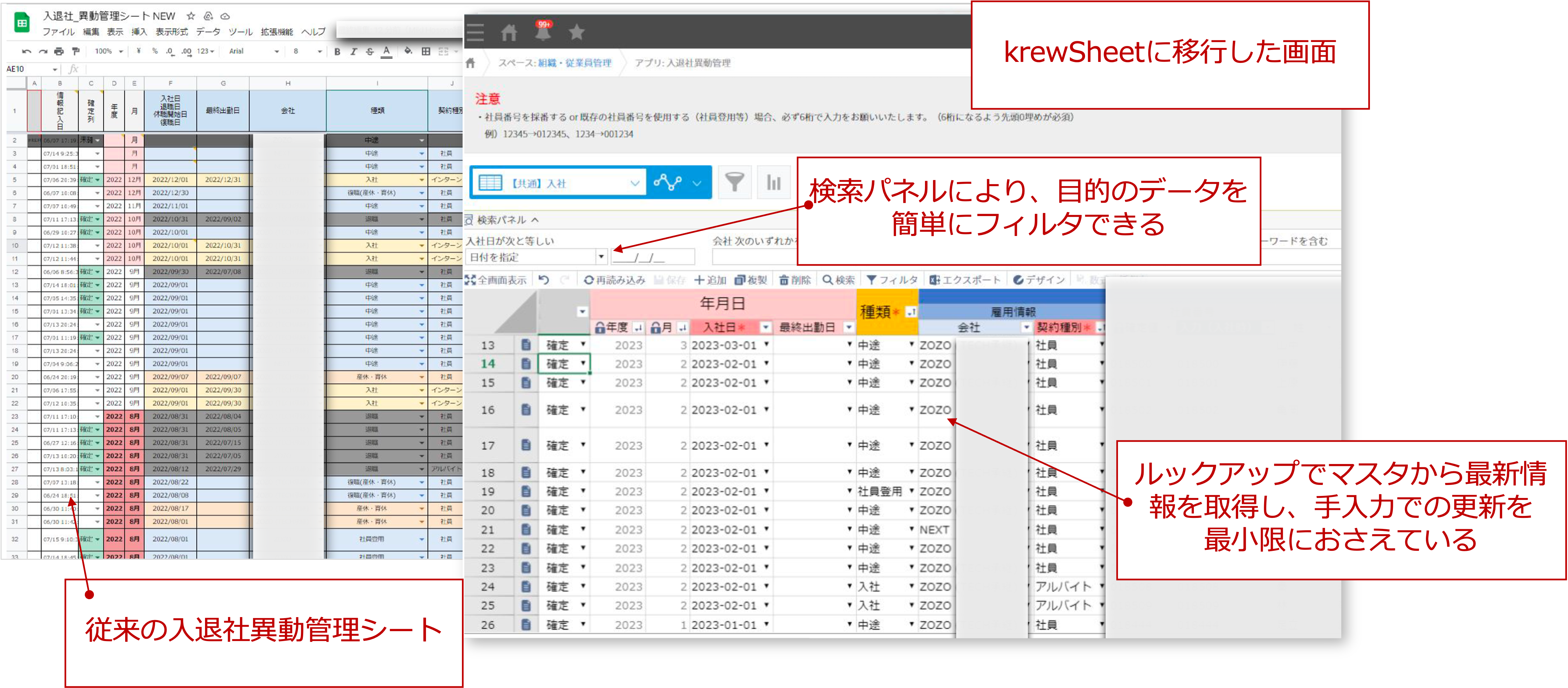 krewSheetを適用した入退社異動管理アプリの実際の画面
